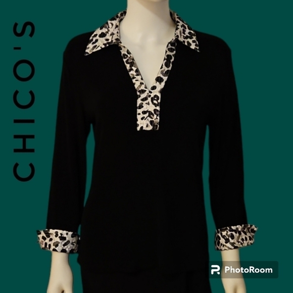 CHICO'S Monochrome Leopard Print Split Neck Bracelet Sleeve Blouse - Picture 1 of 9